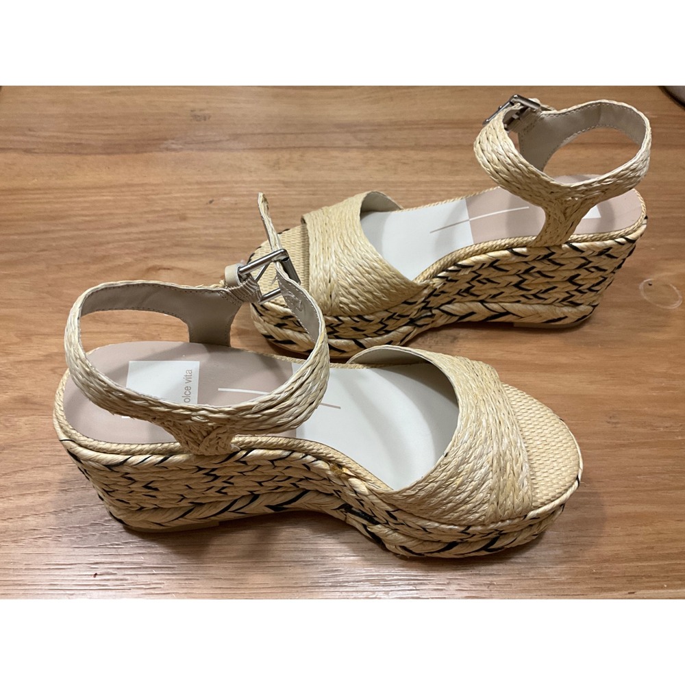 Dolce Vita Woven Raffia Platform Wedge Sandals Tan Black Ankle Strap Womens 7